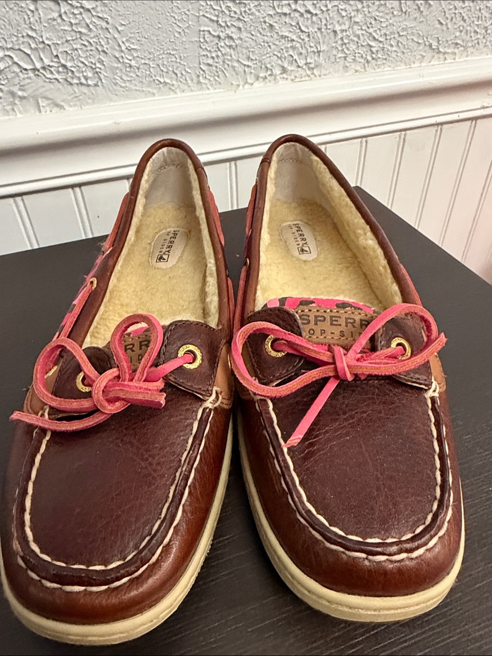 Sperry Women's Brown Leather Moccasins with Pink Laces